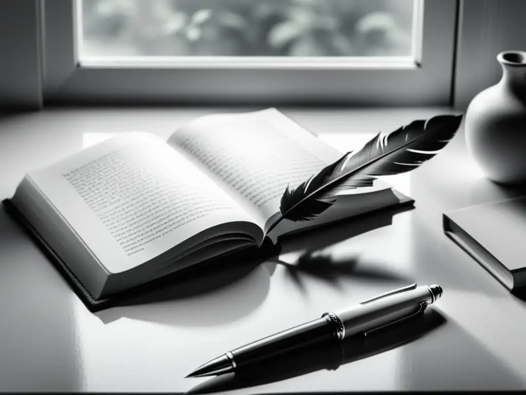 Imagen de un escritorio blanco con pluma y libro, iluminado por luz natural