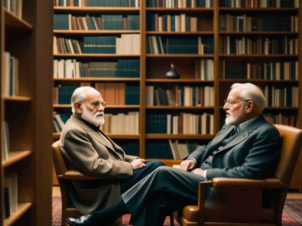 Imagen de Freud y Jung en estudio, conversando sobre interpretación psicoanálisis crítica literaria en ambiente cálido y reflexivo