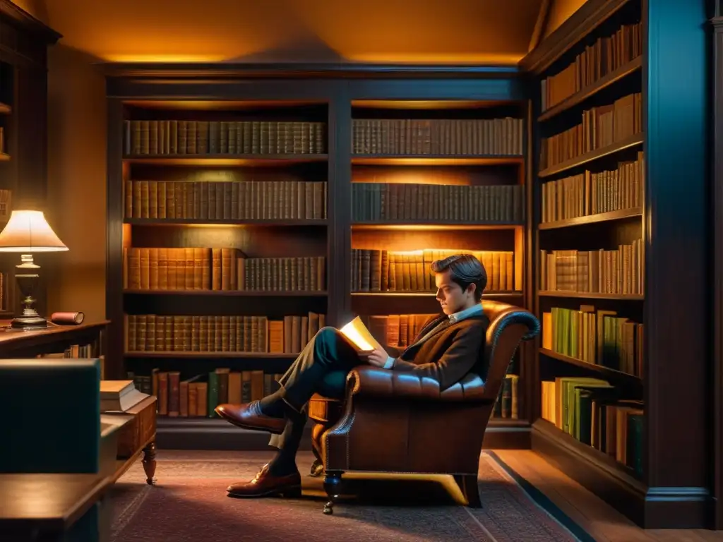 Imagen de estudio del siglo XIX con libros clásicos, una butaca de cuero y un joven leyendo bajo la luz cálida de una lámpara