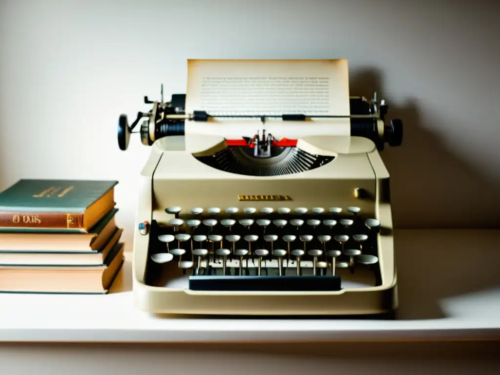 Una imagen evocadora de una antigua máquina de escribir junto a una pila de libros antiguos, bañada por una suave luz natural