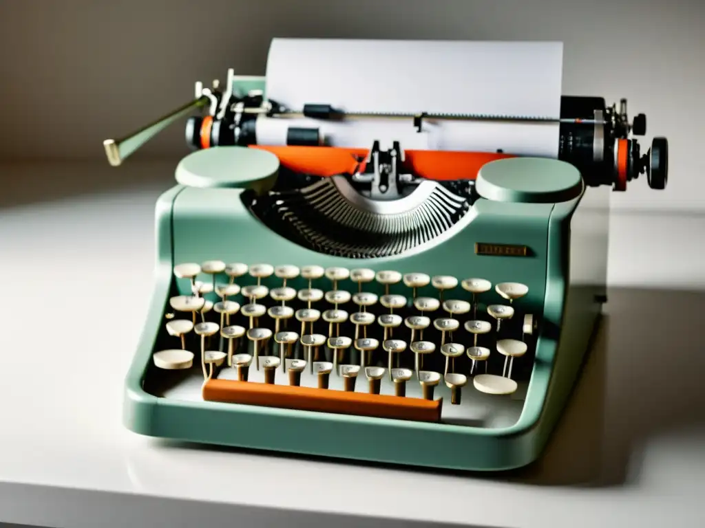 Una imagen evocadora de una antigua máquina de escribir en un escritorio blanco, bañada por una suave luz natural