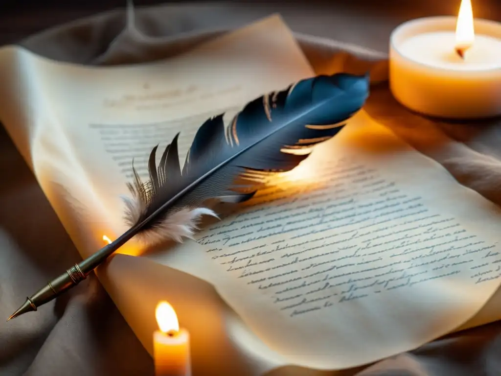 Una imagen evocadora de un antiguo pergamino con una pluma de escribir descansando, iluminada por la suave luz de una vela