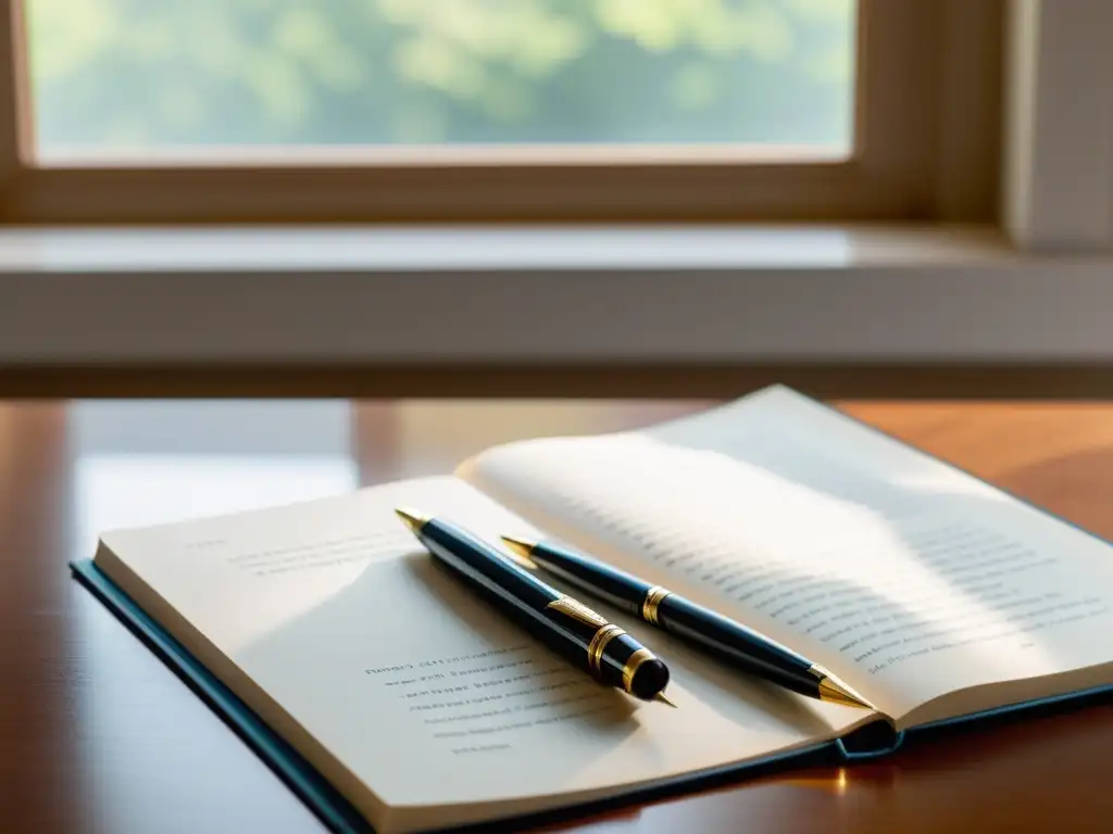 Una imagen evocadora de un escritorio limpio con una pluma y un libro, bañado por luz natural