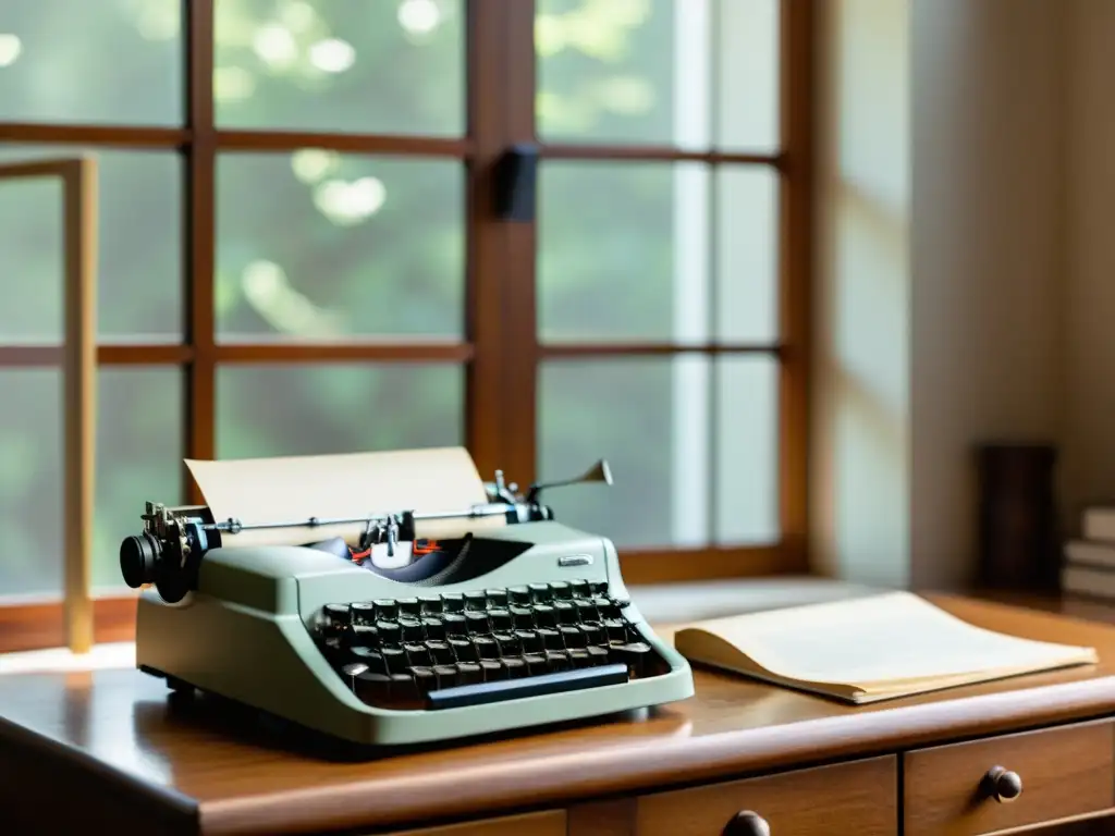 Una imagen evocadora de un escritorio con una máquina de escribir vintage rodeada de libros clásicos, creando una atmósfera de reflexión literaria