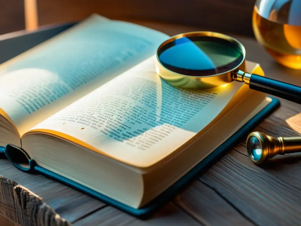 Una imagen evocadora de un libro vintage abierto en una mesa de madera, con una lupa y una cálida luz