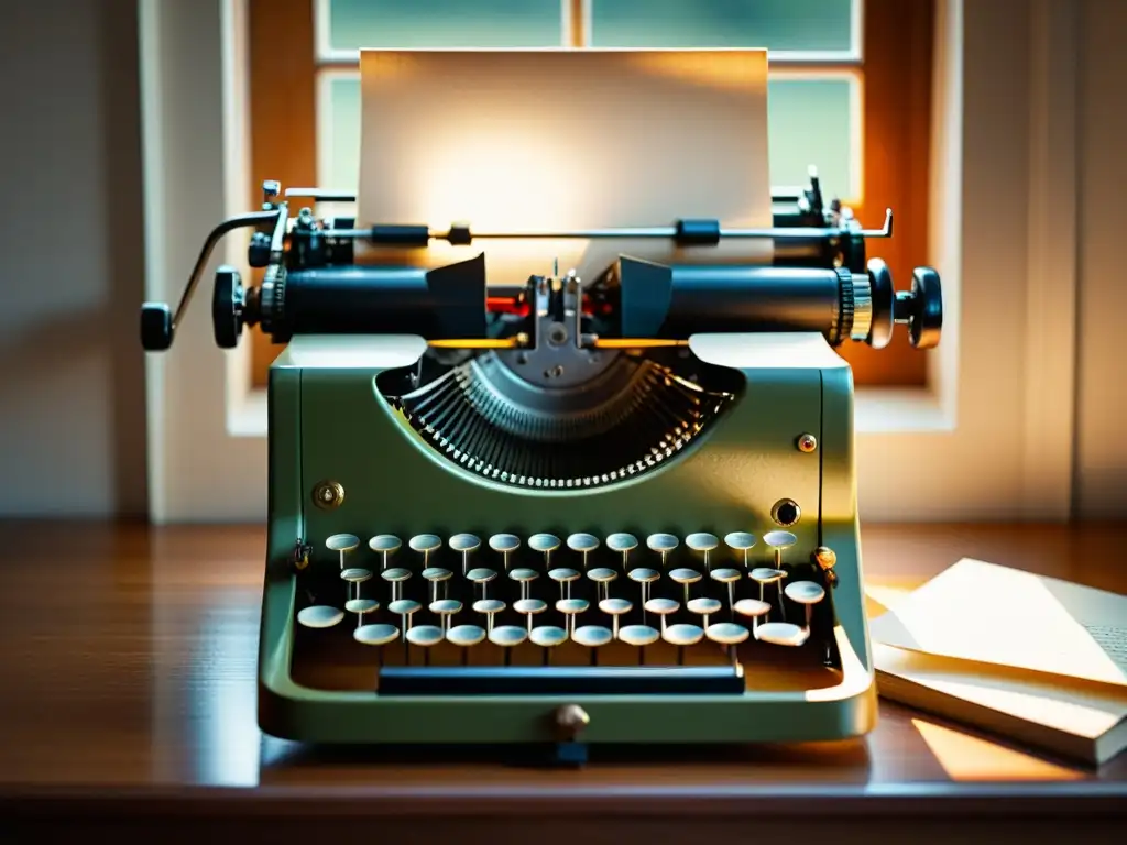 Una imagen evocadora de una máquina de escribir vintage iluminada por luz natural, capturando la esencia nostálgica de la creación literaria