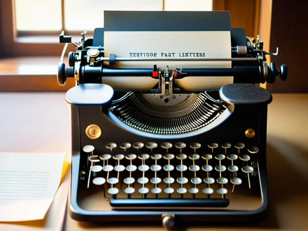 Una imagen evocadora de una máquina de escribir vintage con un papel en blanco y desgaste visible, iluminada por la luz natural