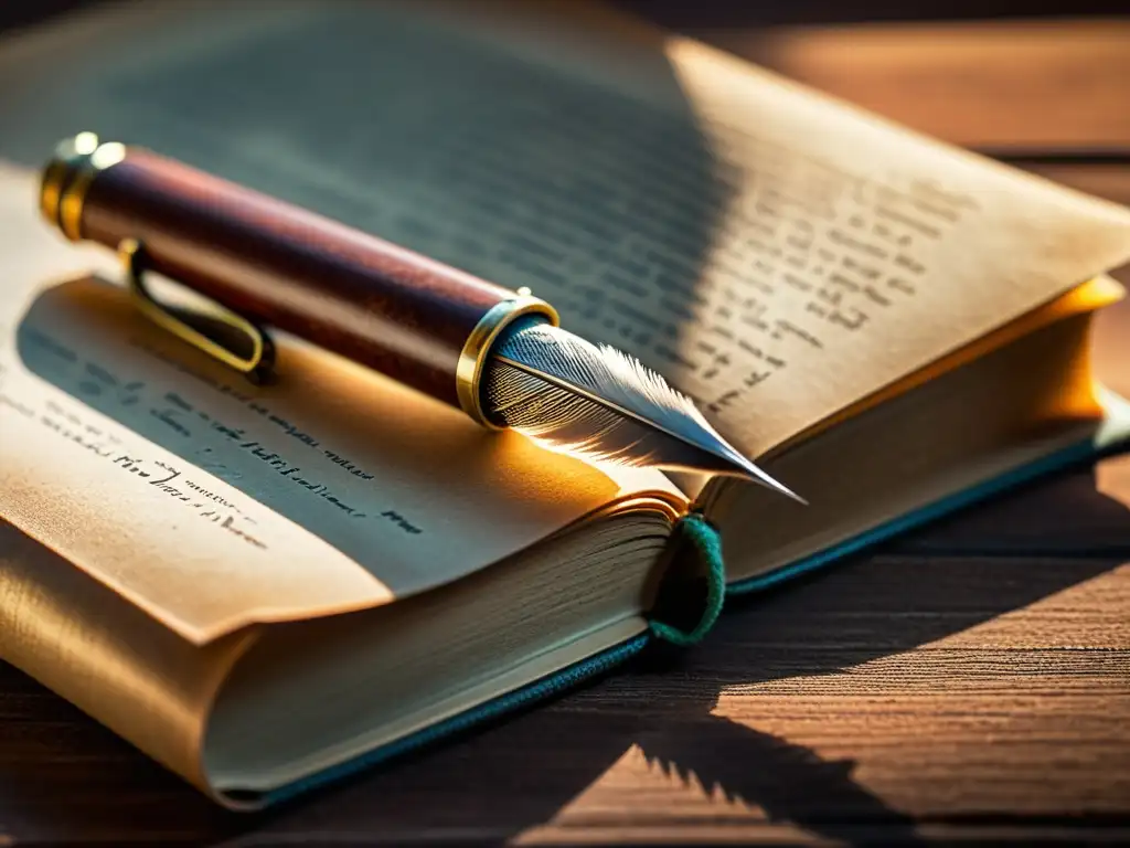 Una imagen evocadora de una pluma vintage reposando sobre un libro de cuero envejecido, iluminada por luz natural