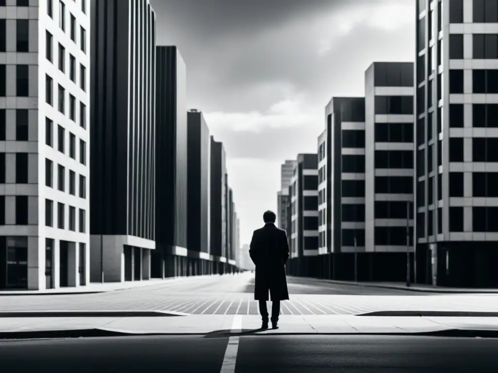 Imagen expresionista en la poesía: Figura solitaria en una ciudad desolada, rodeada de edificios altos