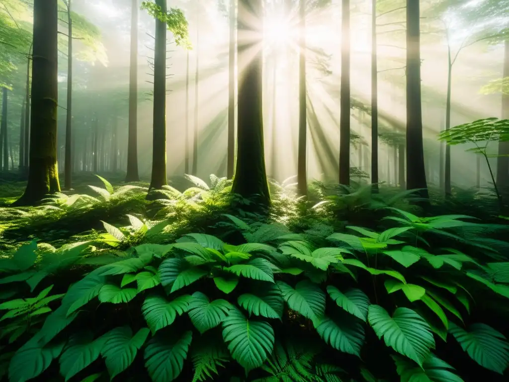 Imagen en 8k de un exuberante bosque, con luz filtrándose entre el dosel, creando patrones de sombra y luz en el suelo