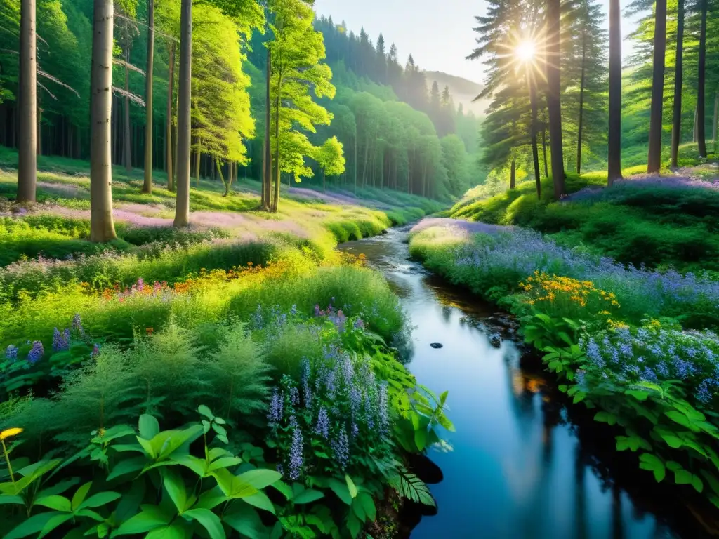 Imagen de un exuberante bosque verde con rayos de sol filtrándose a través del dosel, creando sombras en el suelo