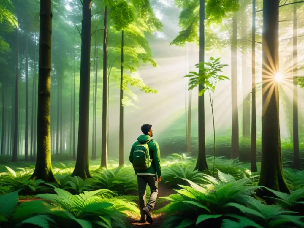 Imagen de un exuberante bosque verde con luz solar filtrándose entre las hojas