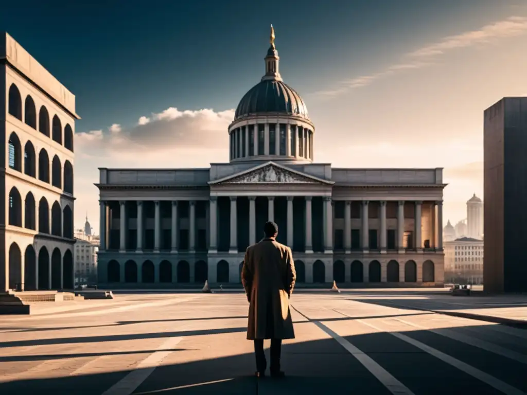 Imagen 8k de figura solitaria en desolada ciudad, evocando crítica política en 1984 Orwell