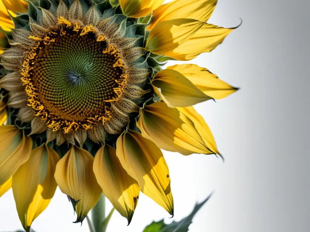 Imagen de un girasol marchito en contraste con un fondo blanco, evocando el pesimismo luminoso de 'Madame Bovary