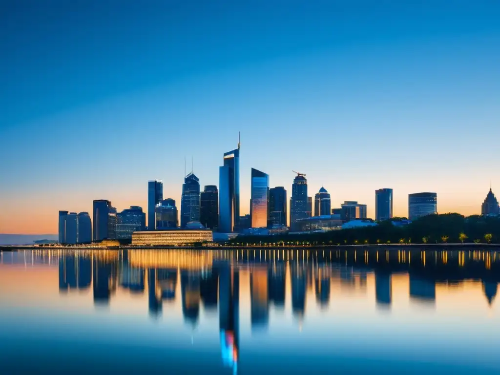 Horizonte urbano moderno al anochecer: modernidad y serenidad en la ciudad La imagen muestra el horizonte de una ciudad moderna al anochecer, con edificios futuristas iluminados
