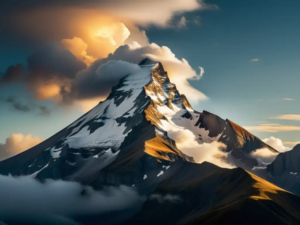 Imagen impactante de una cumbre montañosa rodeada de nubes, con el sol rompiendo la niebla