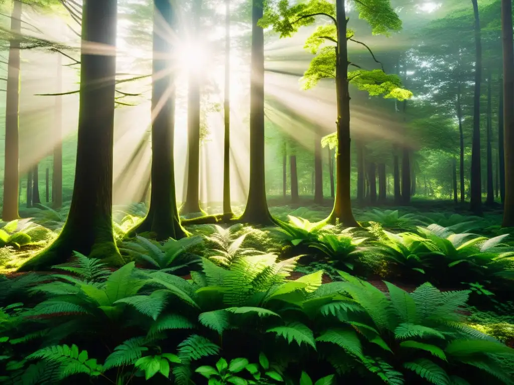 Imagen impactante de un exuberante bosque verde con luz solar filtrándose entre las hojas, creando sombras moteadas en el suelo del bosque