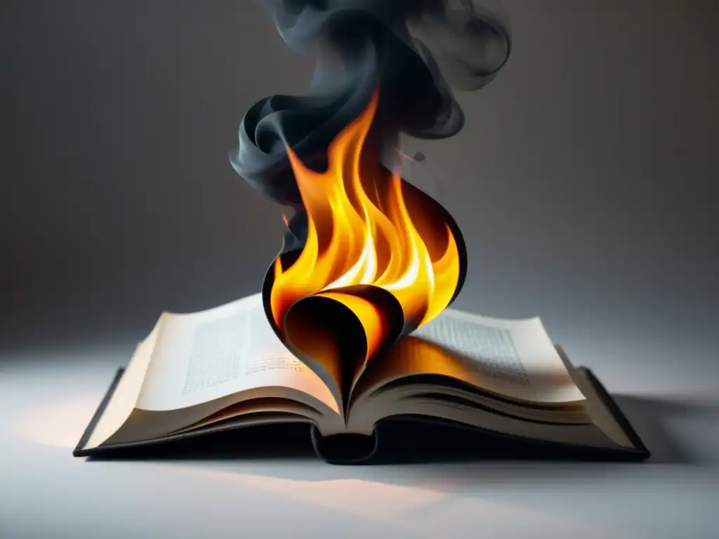 Imagen impactante de un libro ardiendo en contraste con un fondo blanco, evocando el reflejo social en Fahrenheit 451