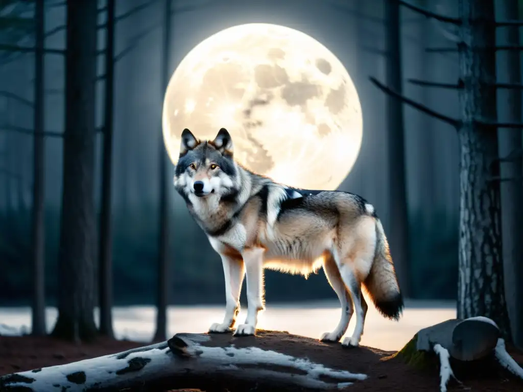 Imagen impactante de un lobo solitario bajo la luna en un bosque