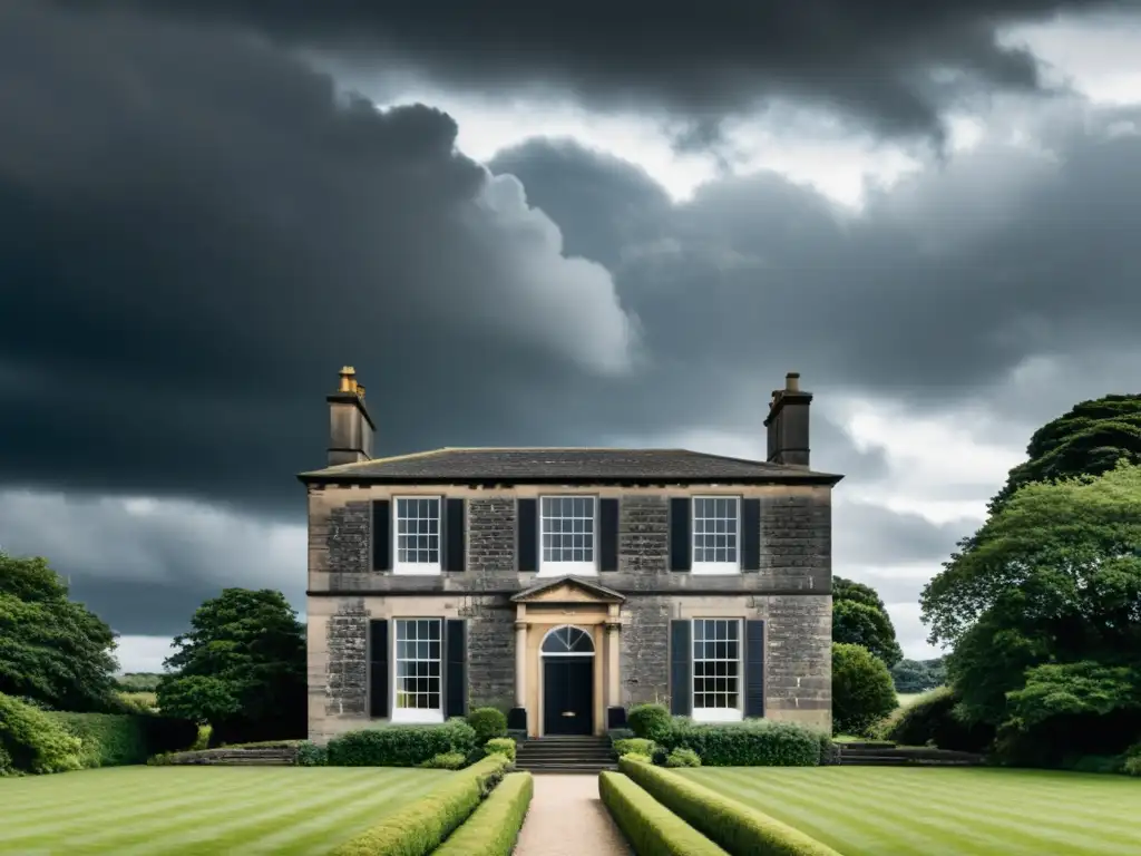 Imagen impactante del Museo Parsonage Brontë en blanco y negro, evocando la atmósfera victoriana de la pluma femenina narrativa Brontë