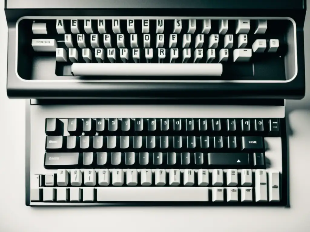 Imagen impactante de la transición del papel a lo digital: prensa vintage junto a teclado moderno, simbolizando la era digital