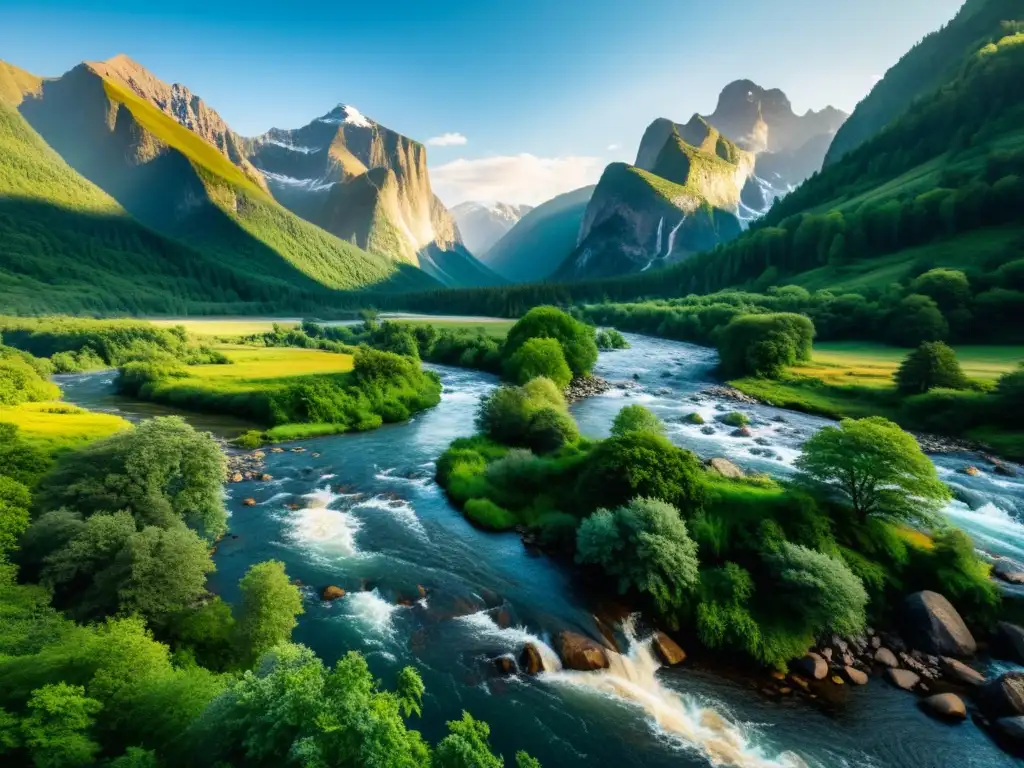 Imagen impresionante de un paisaje natural, con montañas imponentes, un bosque exuberante y un río caudaloso