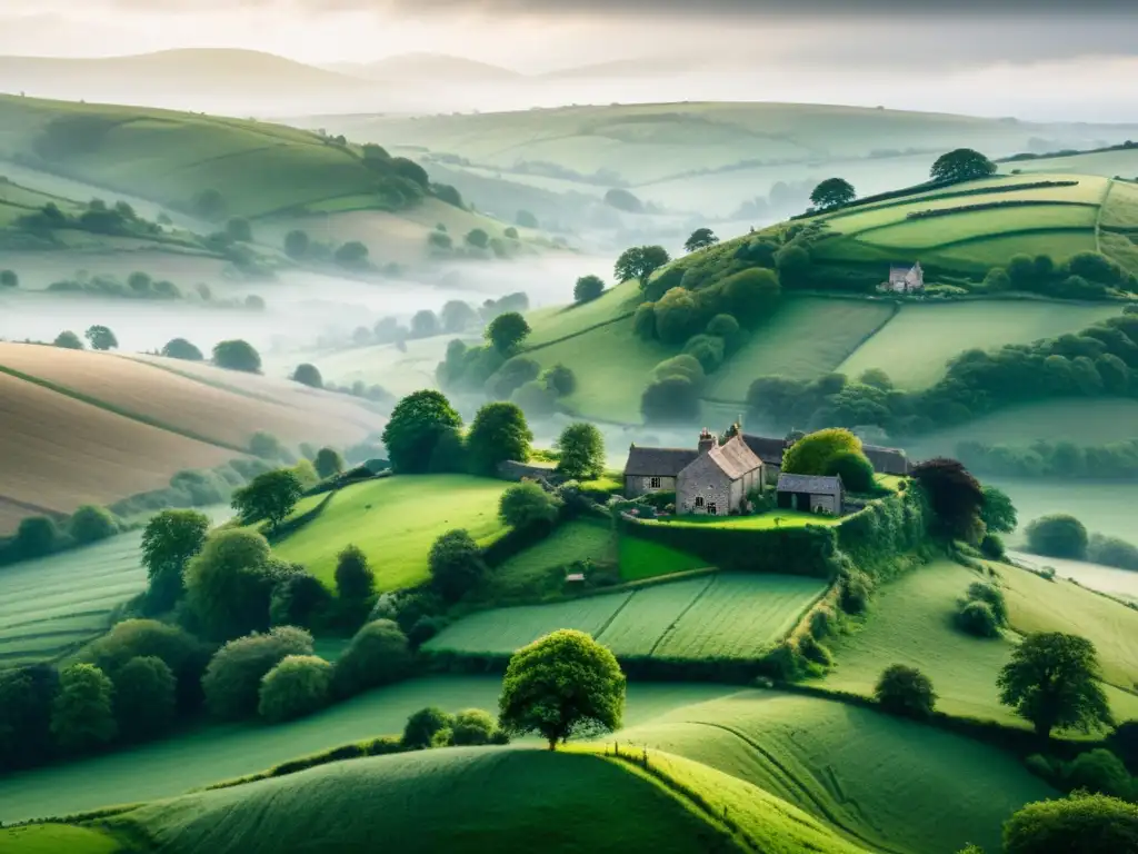 Imagen impresionante de la Inglaterra rural envuelta en niebla, con un pequeño pueblo entre colinas verdes