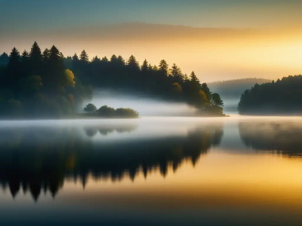 Imagen de un lago tranquilo al amanecer, iluminado por el cálido resplandor del sol naciente