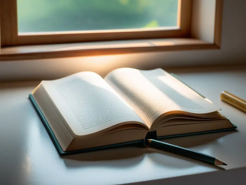 Imagen de un libro abierto en un escritorio blanco, rodeado de lápices