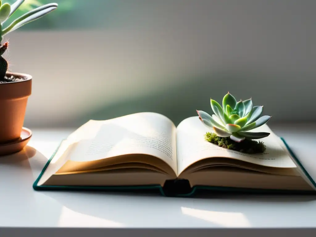 Imagen de un libro abierto en un escritorio blanco, iluminado por luz natural