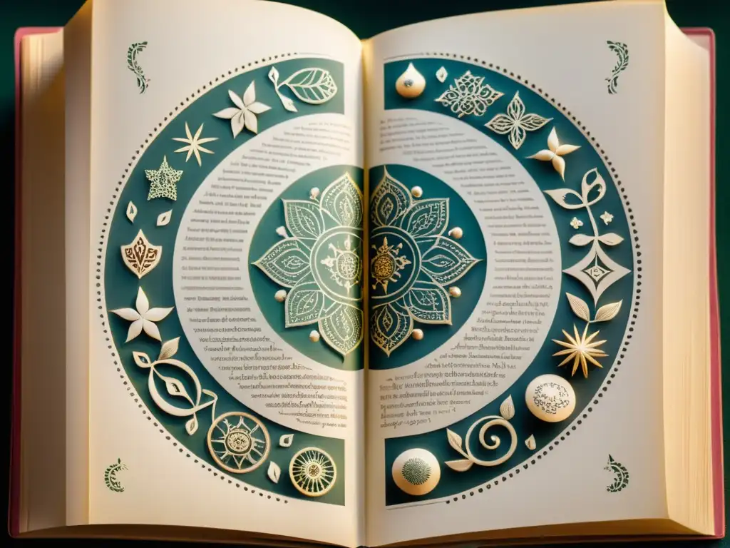 Imagen de un libro abierto con patrones recurrentes literatura trasfondo lingüístico en páginas manuscritas, creando un diseño visualmente impactante