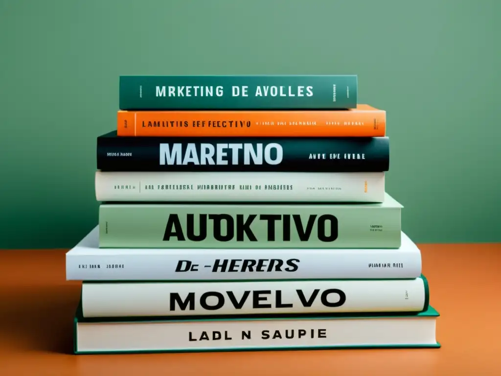 Imagen de libros apilados con tipografía moderna que dice 'Marketing Efectivo de Autores Noveles', en una composición minimalista y sofisticada