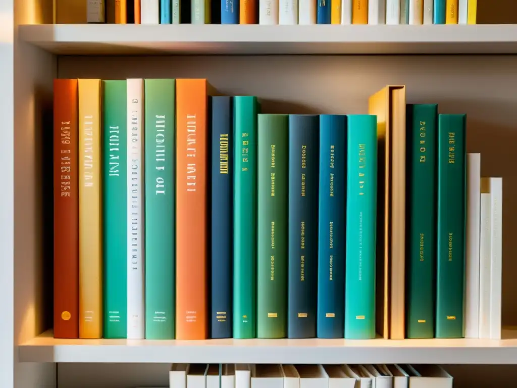 Una imagen de libros recién impresos en una estantería moderna con luz natural suave, mostrando la elegancia de la autoedición