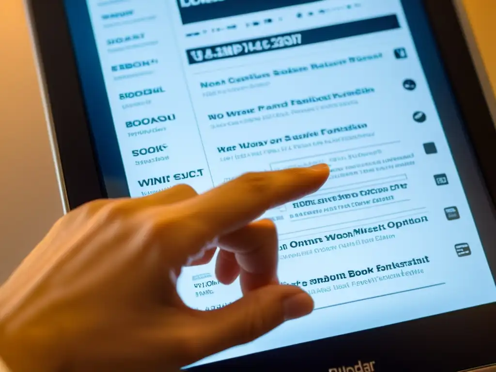 La imagen muestra una mano seleccionando formatos de libro electrónico en una pantalla táctil moderna