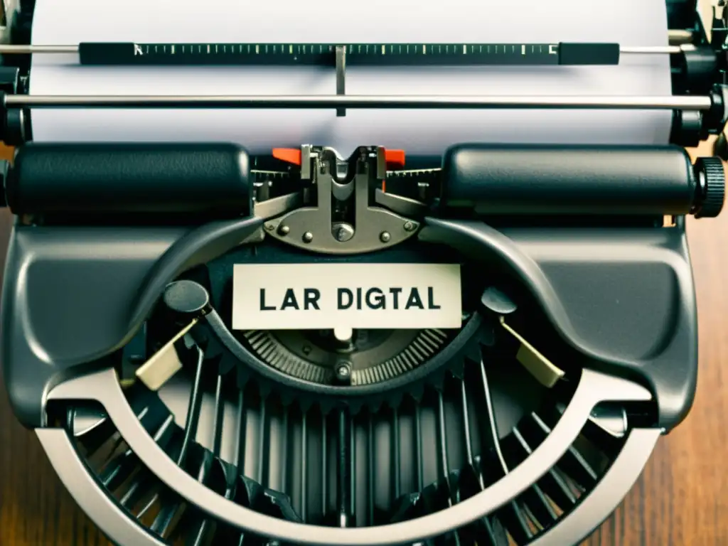 Imagen de una máquina de escribir vintage con la frase 'La era digital' escrita, sobre un escritorio moderno