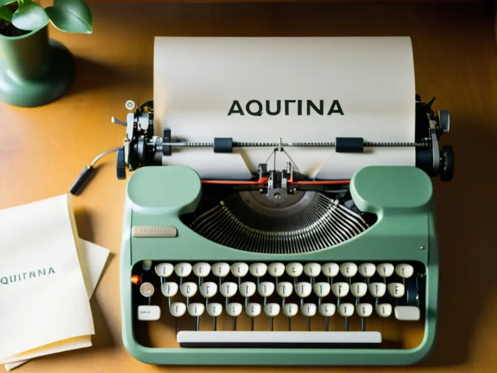 Imagen de una máquina de escribir vintage con la palabra 'Aquitania' escrita en papel, iluminada suavemente, creando una atmósfera serena y enfocada