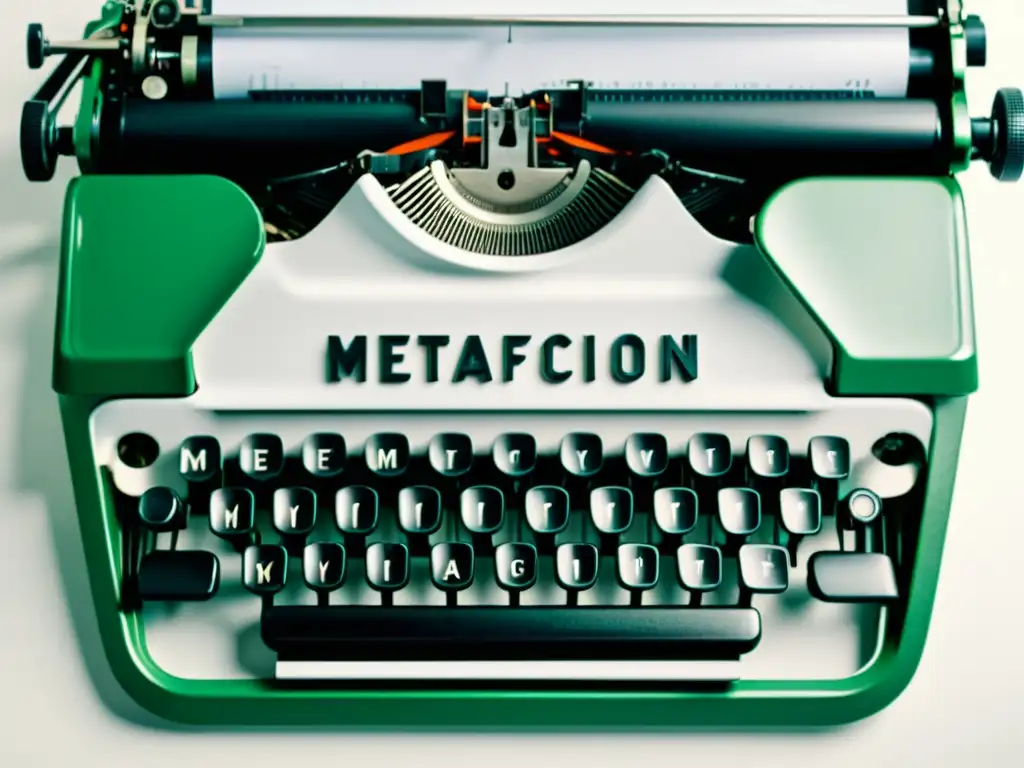 Imagen 8k de una máquina de escribir vintage con la palabra 'metaficción' en las teclas