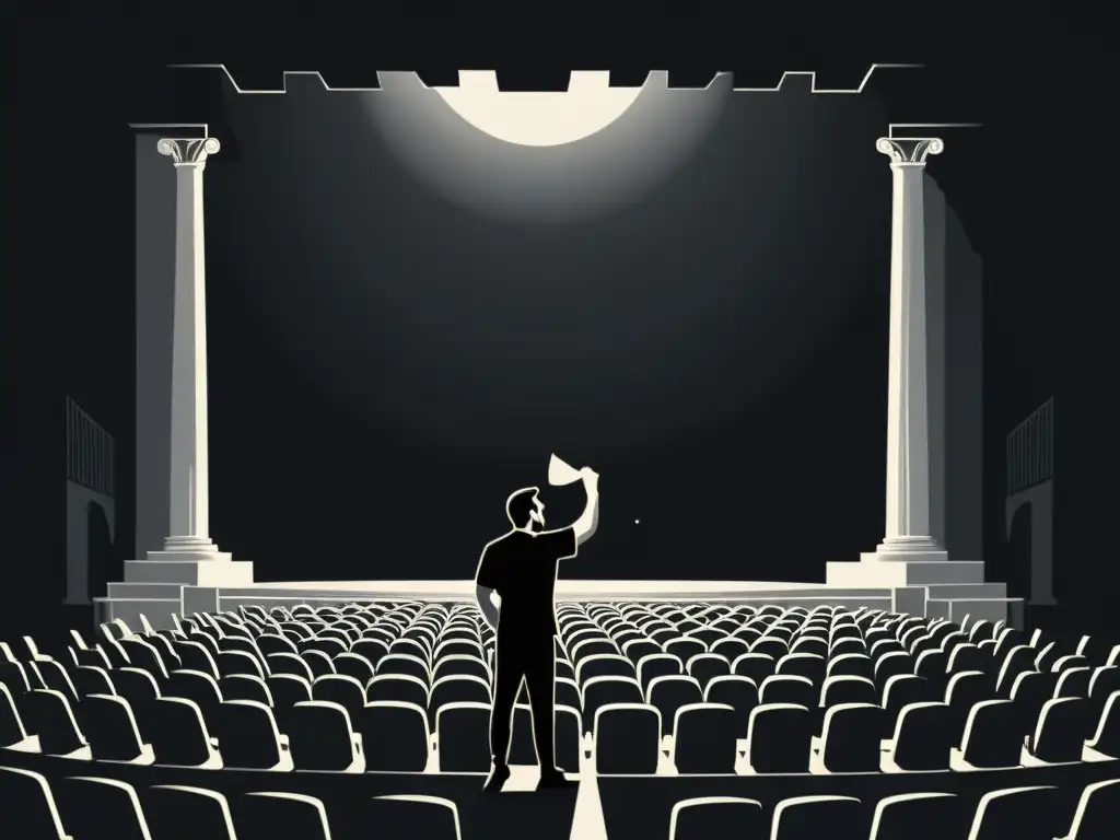 Imagen de ilustración minimalista en blanco y negro de un teatro griego con un solitario en el escenario sosteniendo una máscara trágica y una pluma, evocando las Tragedias de Eurípides en mitología