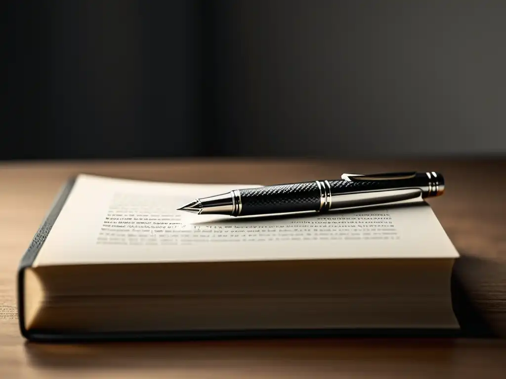 Una imagen minimalista en blanco y negro de una pluma descansando sobre un libro abierto, con una suave luz natural que proyecta una sutil sombra