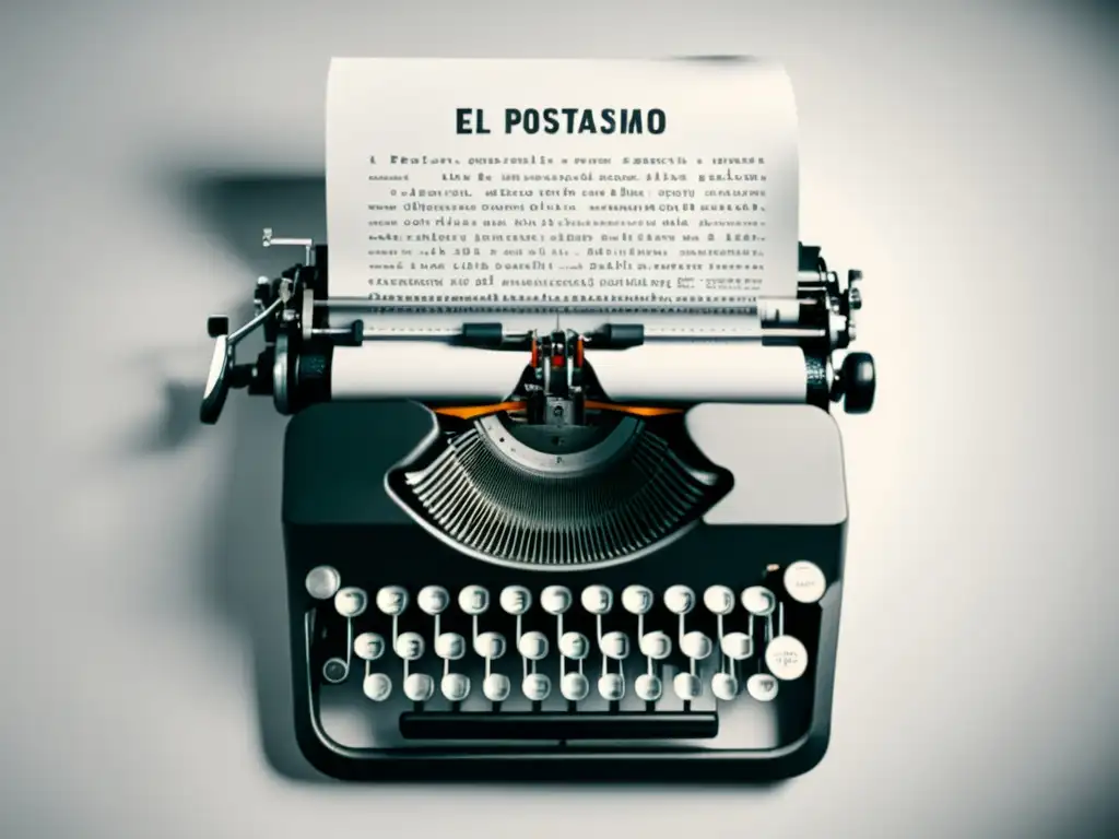 Imagen de una ilustración minimalista en blanco y negro de una antigua máquina de escribir rodeada de palabras y frases poéticas en español, que forman un patrón único