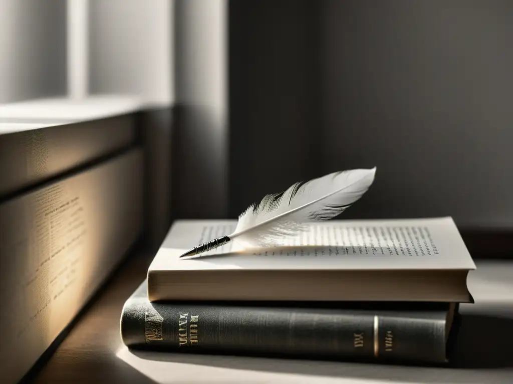 Una imagen minimalista en blanco y negro de una pluma reposando sobre una pila de libros de poesía clásica, bañada por luz natural