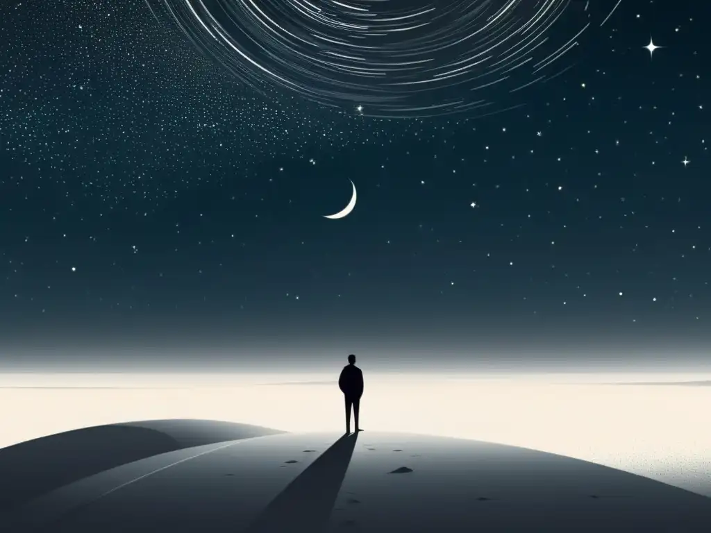 Imagen de ilustración minimalista en blanco y negro de una persona solitaria mirando una estrella brillante en el cielo nocturno