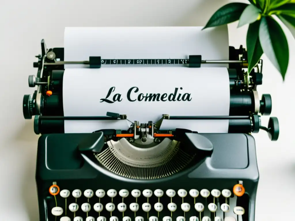 Una imagen minimalista en blanco y negro de una máquina de escribir vintage con la palabra 'La Comedia' escrita en ella