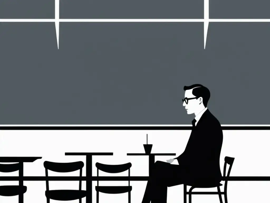 Imagen de ilustración minimalista en blanco y negro de una figura solitaria en una cafetería, evocando el existencialismo en Nausea de Sartre