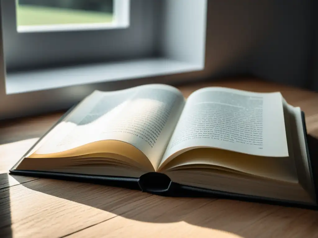 Una imagen minimalista en blanco y negro de un libro abierto sobre una mesa de madera, iluminado por una suave luz natural