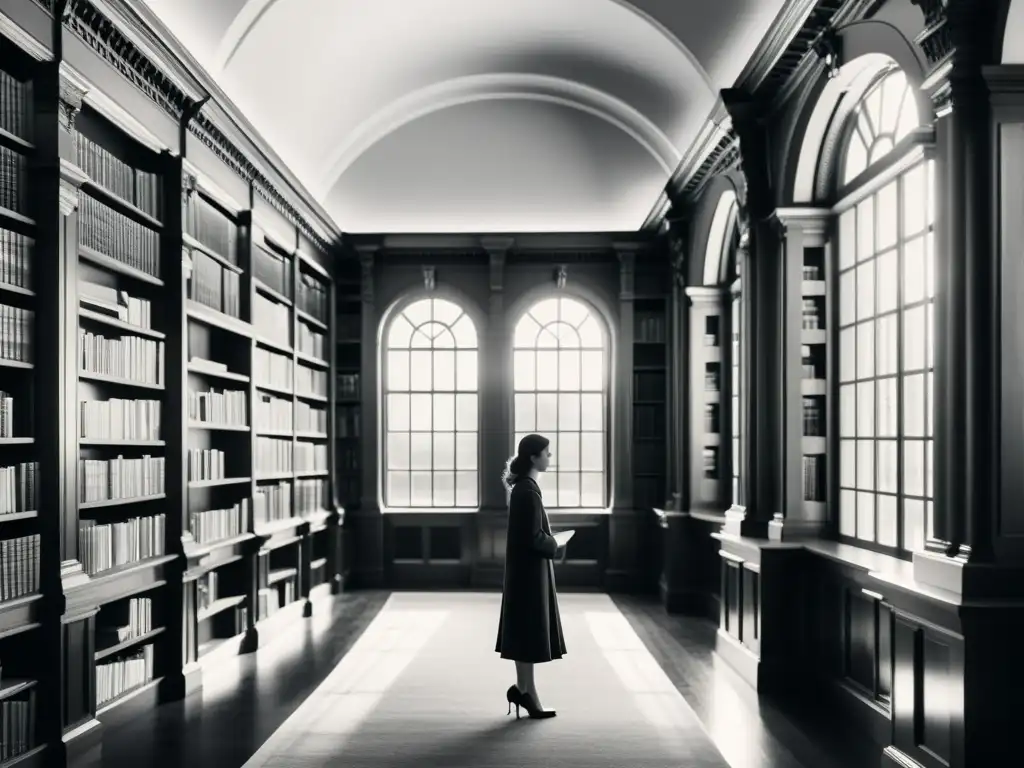 Imagen de una ilustración minimalista en blanco y negro de una biblioteca histórica con estanterías llenas de volúmenes antiguos y arquitectura detallada, bañada por una suave luz natural