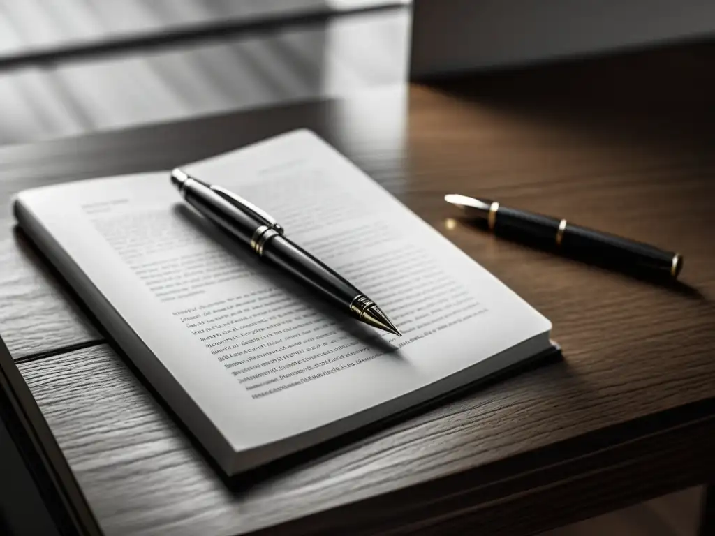 Imagen minimalista en blanco y negro de un bolígrafo y un libro en un escritorio de madera, con luz suave creando un ambiente sereno y enfocado