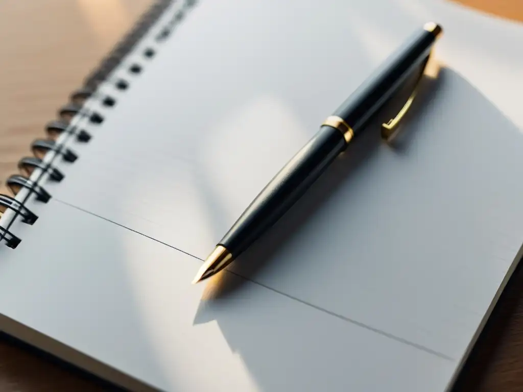 Una imagen minimalista de un elegante bolígrafo sobre un cuaderno blanco, iluminado por luz natural, evocando calma y creatividad