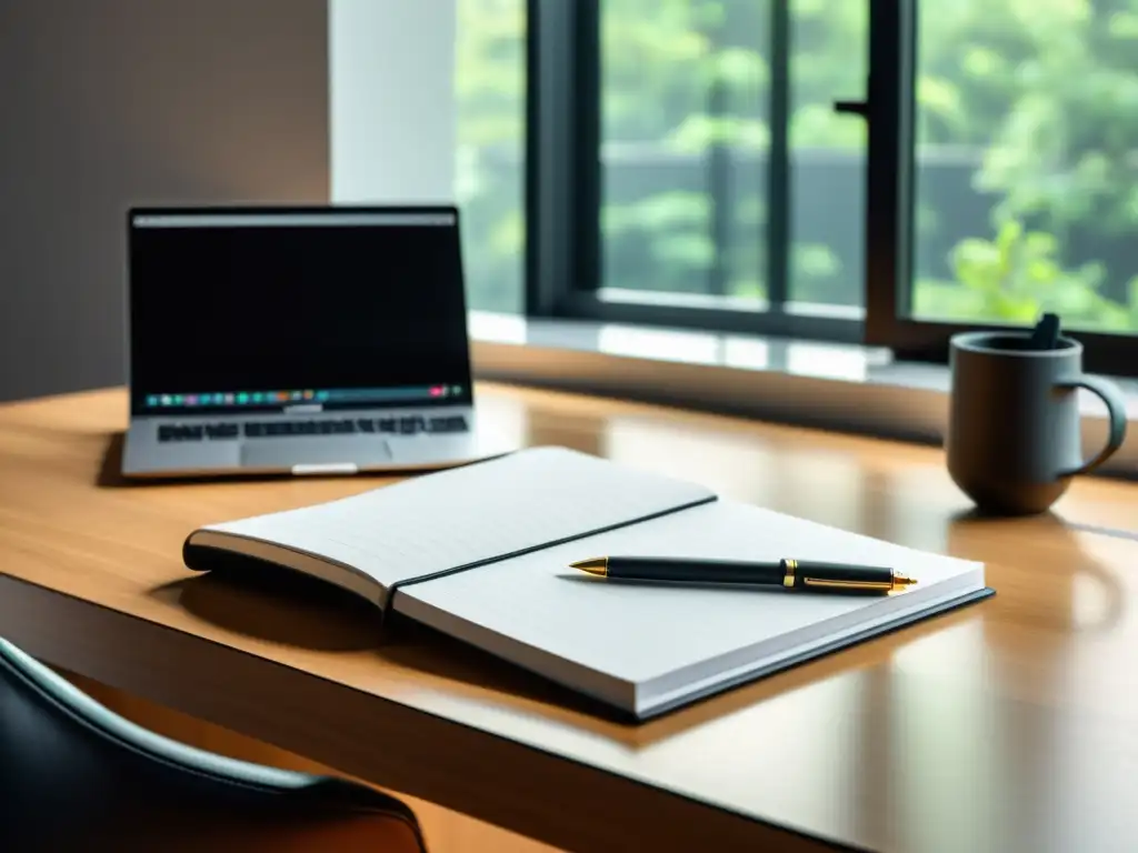 Una imagen minimalista de un elegante escritorio con laptop, bloc de notas y bolígrafo, iluminado por luz natural