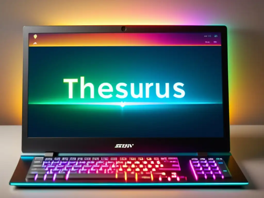 Una imagen minimalista de un elegante ordenador con un tesauro multicolor sobre el teclado, mostrando un software de escritura avanzado y acogedor